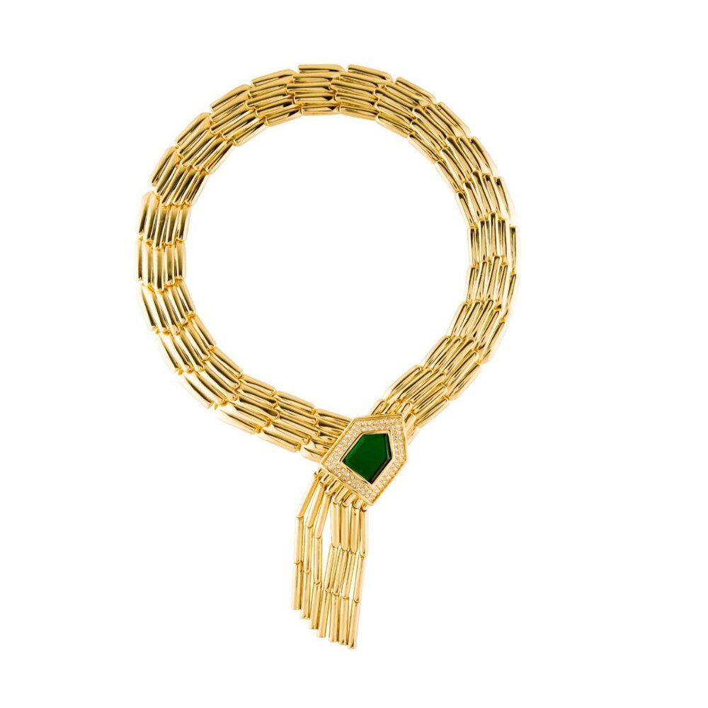 Rachel Zoe Art Deco Gold Statement Necklace w/Emerald & Clear Swarovski Crystals